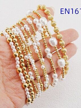 Enewton White Pearl Gold Beaded Bracelet Set